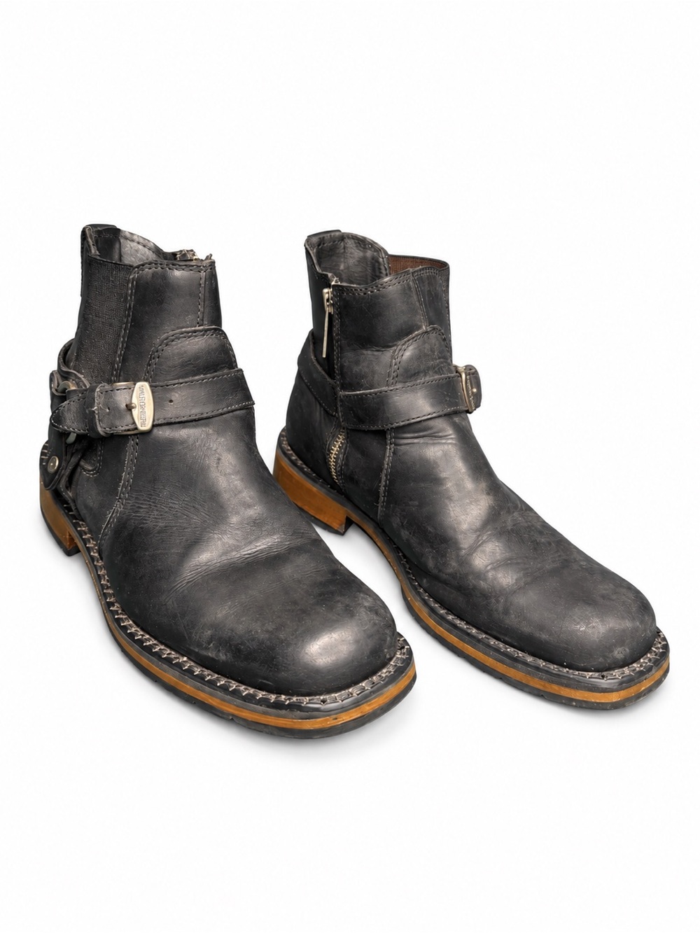 Harley-Davidson Black Leather Harness Ankle Boots with Brown Sole